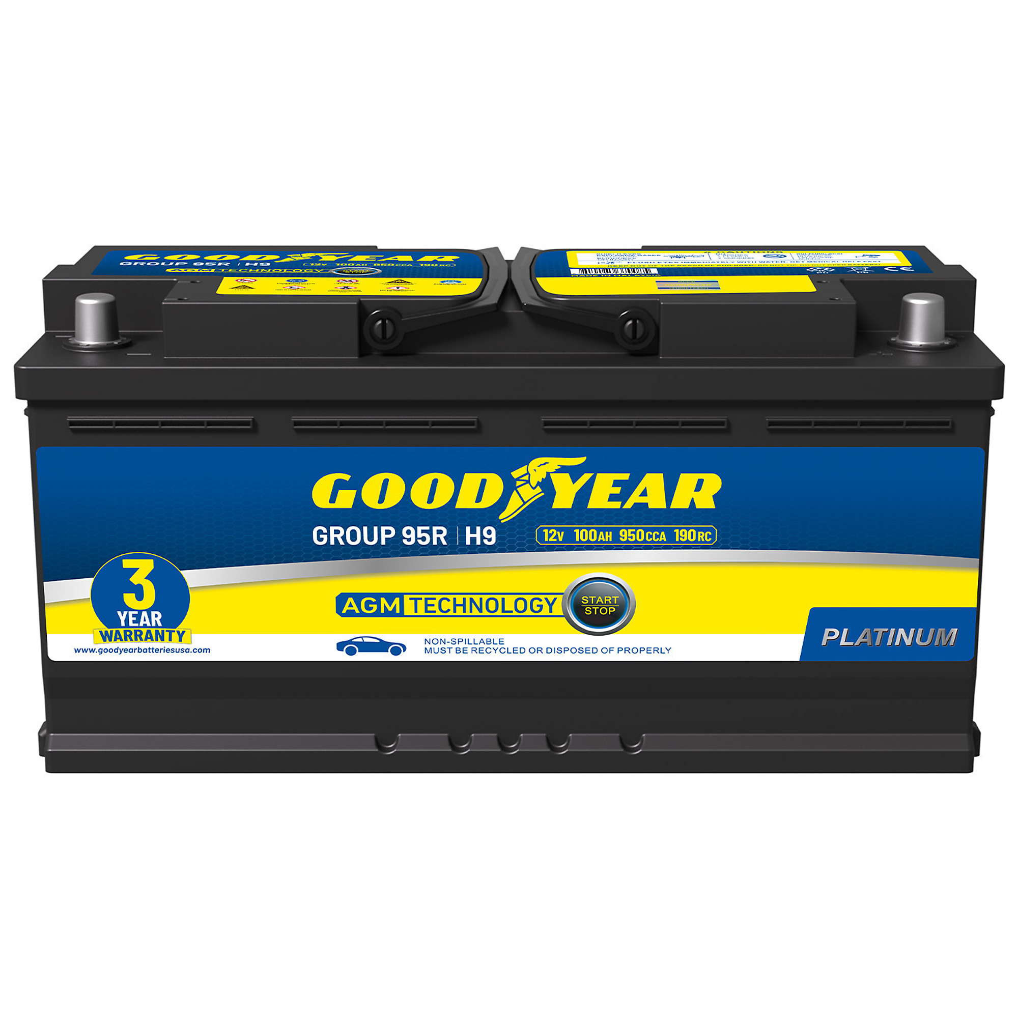 Goodyear Platinum Series AGM Automotive Battery — 12V, 100Ah, 950 CCA, 190 RC, Maintenance-Free, Model# GY4140752